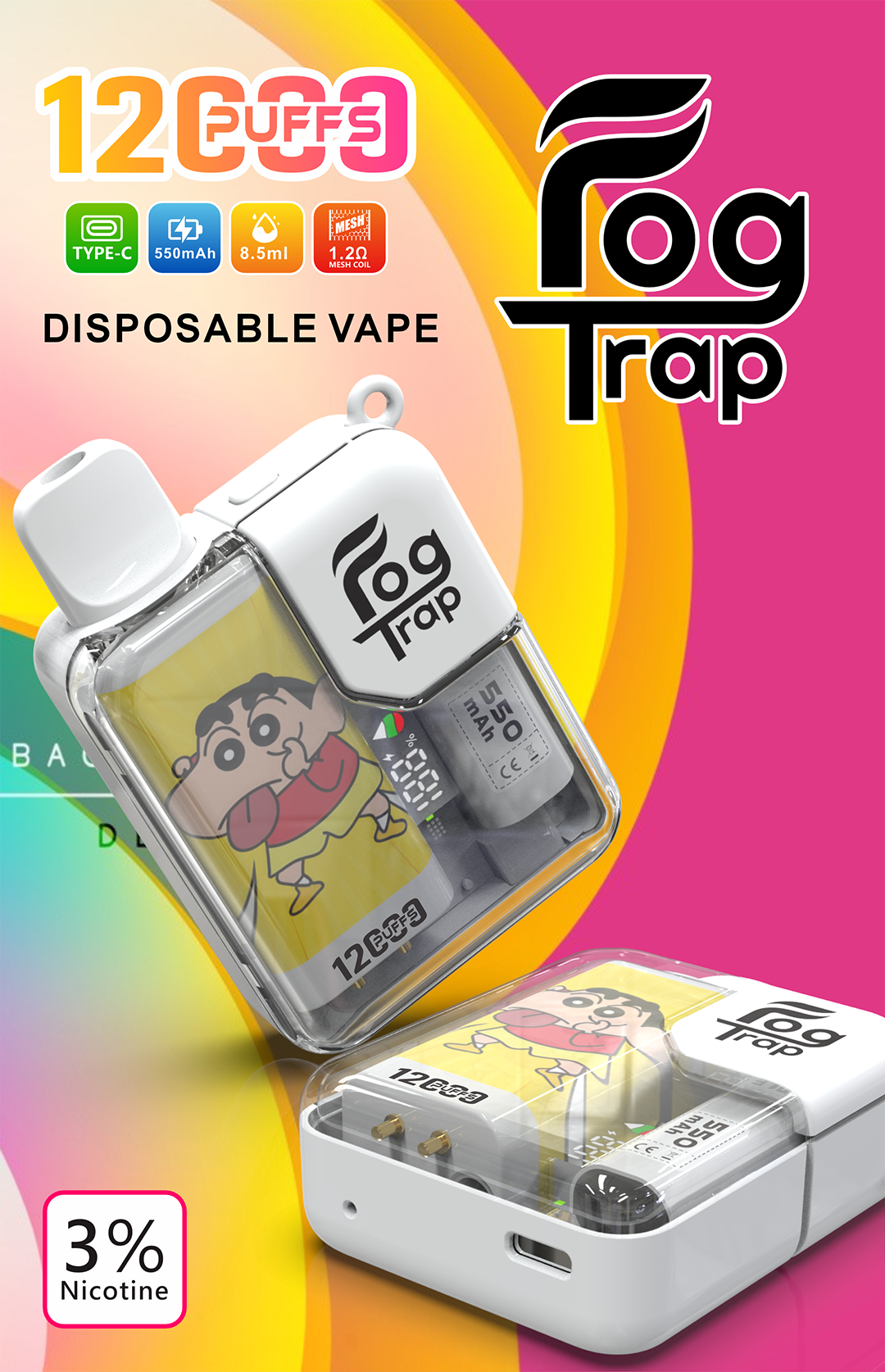【買10送1】Fog Trap 聯名 蠟筆小新 × LABUBU 12000口抛棄式 智能油電數位雙顯示 強悍雙檔功率切換 爽快爆發口感 全台現貨極速配發 - 图片 4