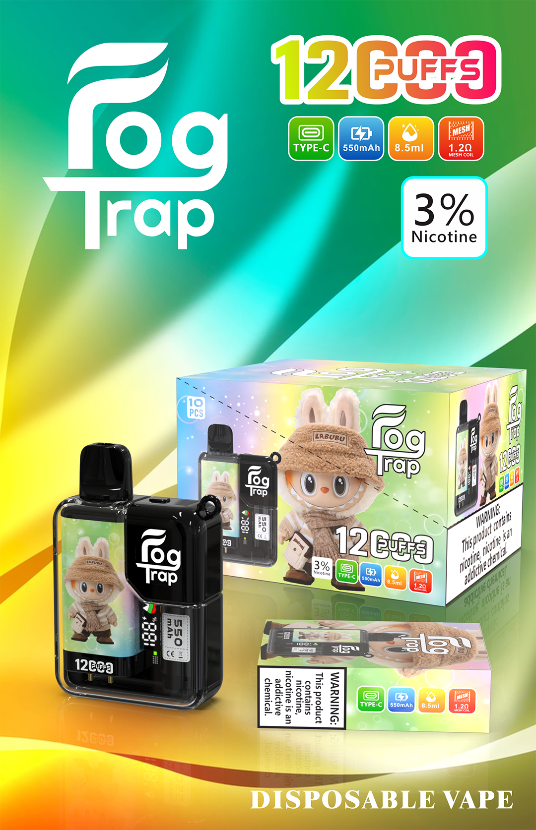 【買10送1】Fog Trap 聯名 蠟筆小新 × LABUBU 12000口抛棄式 智能油電數位雙顯示 強悍雙檔功率切換 爽快爆發口感 全台現貨極速配發 - 图片 3